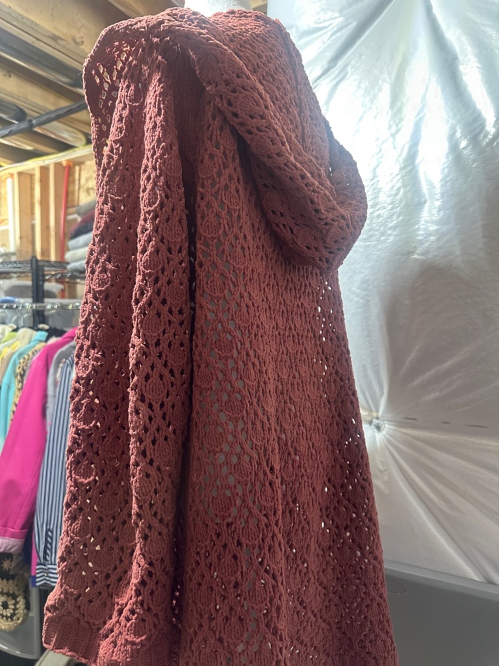 POL Crochet Hooded Open Cardigan in Dusty Rose - Picture 4 of 5